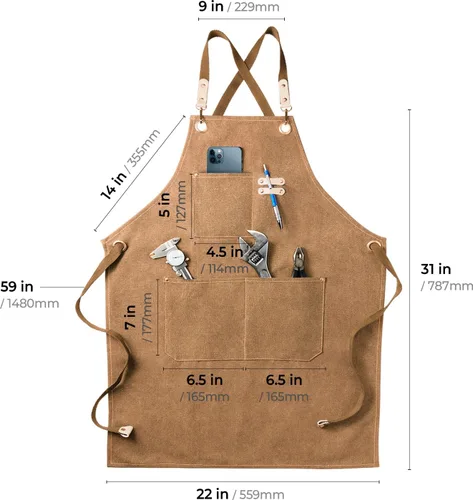 Miniatura 4 de Delantal de chef carrotez, de lona de algodón con espalda cruzada ajustable, M-XXL Marrón capuchino
