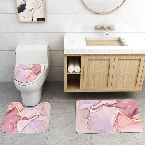 Miniatura 4 de Juego de 4 cortinas de ducha de mármol de lujo, juegos de baño con cortina de ducha, alfombra de tapa de inodoro, tapete de contorno y tapete