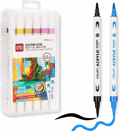 deli Marcadores de pintura de doble punta de secado rápido, rotuladores acrílicos de pintura para lienzo de madera y roca (12 colores)