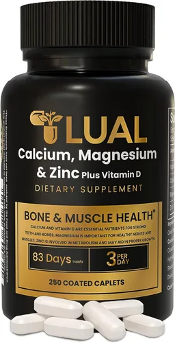 LUAL Calcio, magnesio y zinc con vitamina D3 – Suplemento de apoyo óseo y muscular para adultos, 1000 mg de calcio, 400 mg de magnesio, 15 mg de