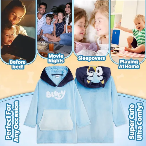 Miniatura 4 de Bluey Manta con Capucha para Niños, Manta Cálida y Acogedora de Forro Polar Portátil, Regalo para Niñas Azul/Azul marino