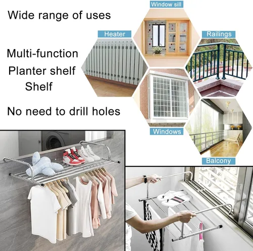 Miniatura 7 de Estante de secado de ropa retráctil de acero inoxidable para interiores y exteriores, ahorro de espacio, plegable, multifunción, estante para flores