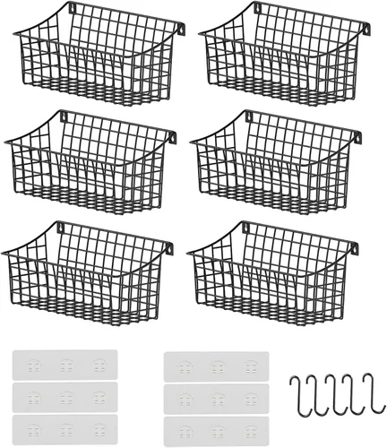 Miniatura 12 de Paquete de 2 cestas colgantes de pared para organizar, cesta grande de alambre de metal con 5 ganchos + 2 ganchos adhesivos largos y fuertes