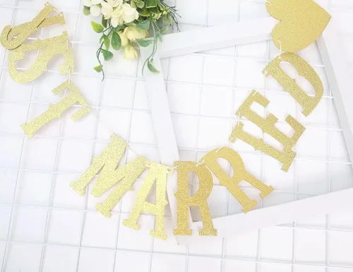 Miniatura 8 de Banner dorado con purpurina de recién casado – Cartel de boda DIY Just Married – Cartel Just Married para decoración de despedida de soltera