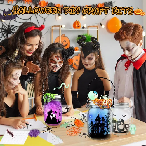 Miniatura 6 de Kit de manualidades de Halloween para niños, 4 tarros de vidrio con accesorios para tarro de farol de bricolaje, suministros de fiesta de arte