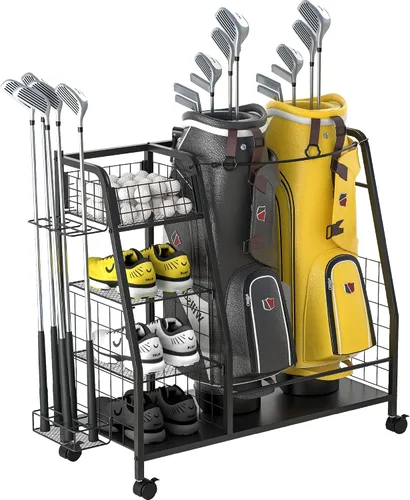 Miniatura 9 de Organizador de bolsas de golf para garaje – Estante de almacenamiento de 3 bolsas de golf con ruedas bloqueables – Soporte para equipos de golf
