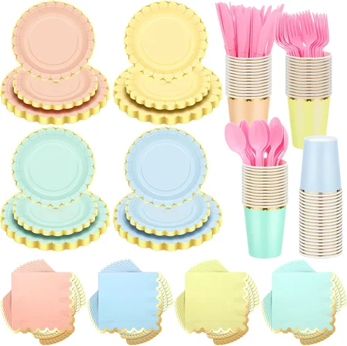 Miniatura 7 de Yaomiao Juego de 336 platos y servilletas, suministros para fiestas, platos festoneados, vasos, servilletas con tenedores de plástico, cuchillos