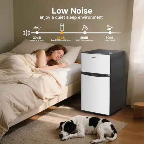 Miniatura 5 de BANGSON Mini refrigerador de 3.2 pies cúbicos con congelador, refrigerador pequeño de oficina de 2 puertas, refrigerador compacto silencioso