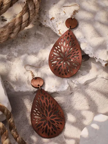 Miniatura 3 de MINACHI Bohemian Hollow Cut-Out Wood Leather Dangle Drop Earrings, Boho Chic Hippie Statement Jewelry Gift for Women