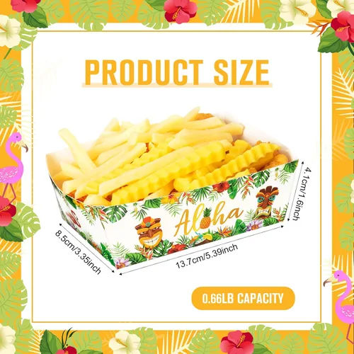 Miniatura 2 de Blulu Paquete de 50 bandejas de papel desechables para decoración de fiestas hawaianas, bandeja para nachos Aloha Nacho, soporte para alimentos