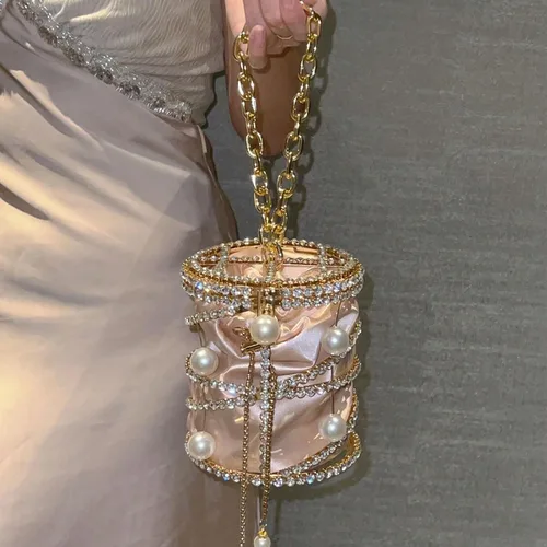 Miniatura 3 de Bolso bandolera metálico de lujo con diamantes de imitación para mujer, diseño de cadena de perlas 2025, ideal para vacaciones, fiestas, bodas