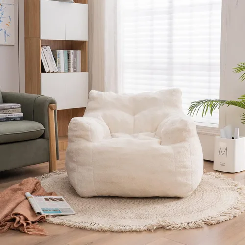 Miniatura 3 de Puf de espuma suave copetuda con tela de peluche para adultos y niños, cómodo sofá perezoso para sala de estar, dormitorio (marfil)