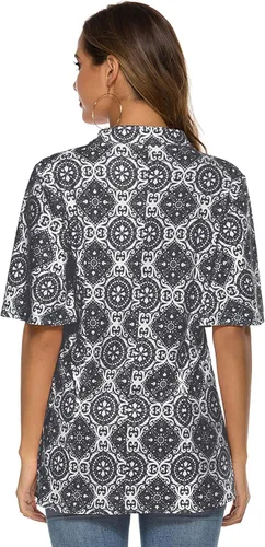 Miniatura 5 de HOCOSIT - Camiseta de manga corta con olanes y cuello en V con estampado de flores, plisada y abotonada, para mujer