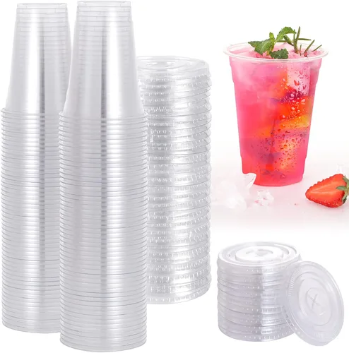 Miniatura 5 de TashiBox vasos de plástico con tapas [20 oz 100 vasos y 100 tapas planas], vasos desechables de plástico transparente de cristal, vasos para batidos