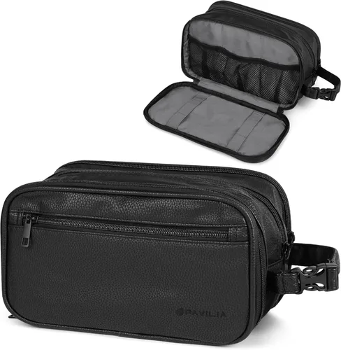 PAVILIA - Bolsa de aseo para hombres, estuche de viaje esencial con kit de afeitado Dopp, bolsa de viaje organizadora de artículos de tocador,