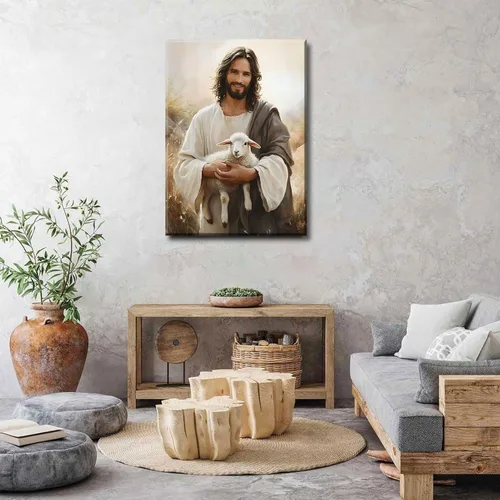 Miniatura 7 de Arte de pared en lienzo de Jesús y Cordero Jesús salva al cordero perdido Decoración de pared Imágenes Pintura de Cordero de Dios Pósters