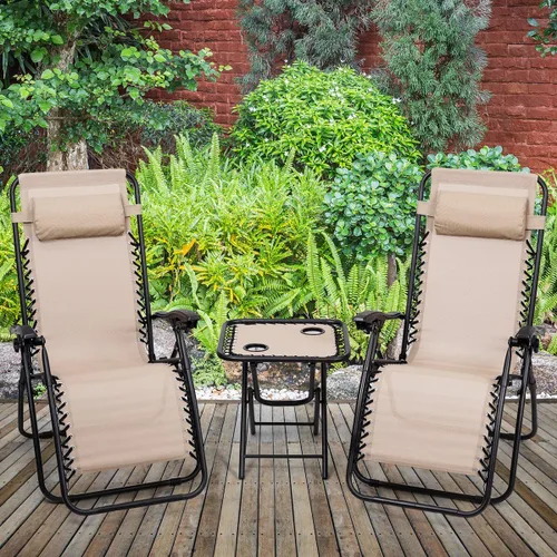 Miniatura 2 de Giantex Juego de 3 sillas de gravedad cero, tumbonas para patio, piscina, reclinables, plegables, sillas de descanso para patio trasero (beige)