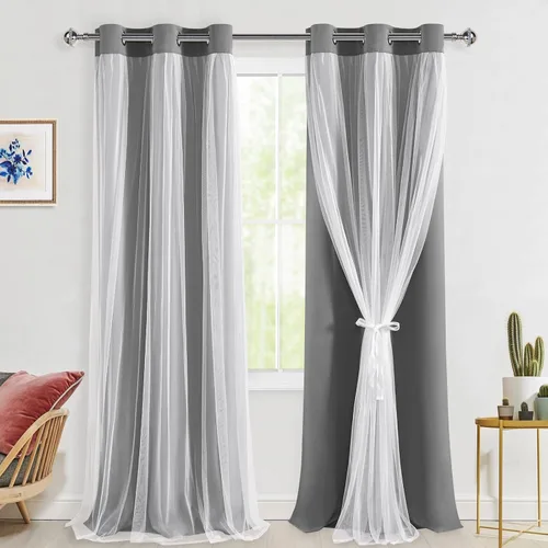 Miniatura 55 de Hiasan Cortinas opacas con superposición transparente, aislamiento térmico para mezclar y combinar de doble capa, cortinas de oscurecimiento de Beige