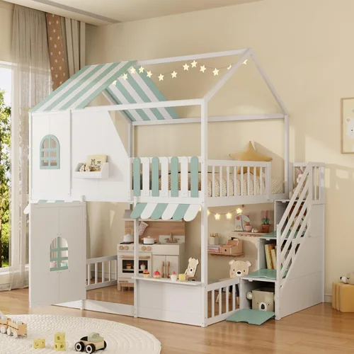 Miniatura 15 de Merax Litera Montessori de madera con escalera individual sobre individual, litera baja para niños, niñas, ahorro de espacio, no necesita somier