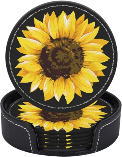 Posavasos para bebidas de piel sintética, juego de 6 con soporte, regalo de inauguración de la casa, decoración del hogar, girasol de acuarela negro