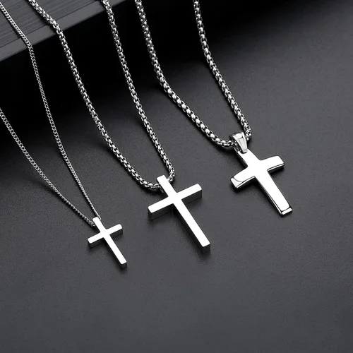 Miniatura 8 de REVEMCN Collar de cruz de plata y oro negro para niños de acero inoxidable con colgante de cruz para hombres y mujeres, joyería religiosa, regalos