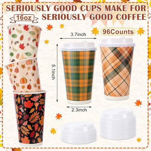 Miniatura 2 de Irenare Paquete de 96 tazas de café desechables de Acción de Gracias con tapas, 16 onzas, hojas de arce de otoño, tazas de café de papel