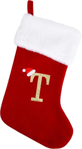 Miniatura 26 de Medias de Navidad con monograma de 20 pulgadas con letras, medias de Navidad grandes súper suaves, terciopelo rojo con puño de felpa blanco súper