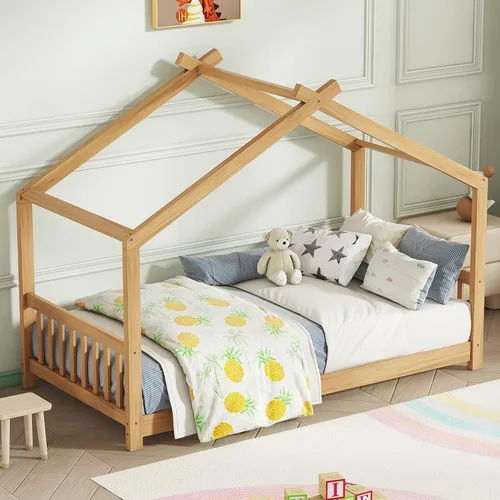Miniatura 16 de Bellemave Montessori - Cama de suelo tamaño individual, marco de cama individual con cabecero, estribo, cama Montessori de madera con listones