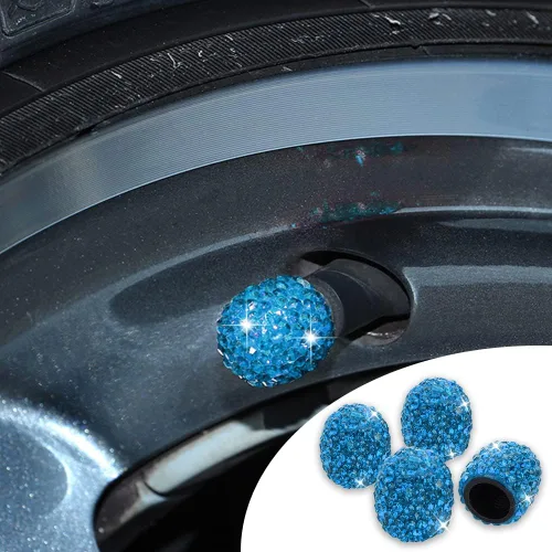 Miniatura 7 de Paquete de 4 tapas brillantes para vástagos de válvula, tapas de aire, tapones de aire de neumáticos de diamantes de cristal para automóvil, Azul