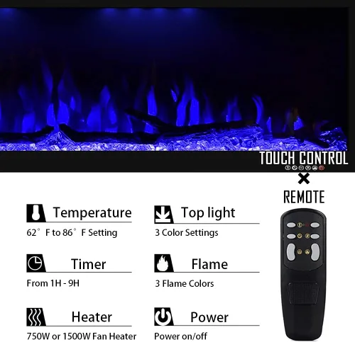 Miniatura 5 de Lujosa chimenea eléctrica de 74 pulgadas, calentador de chimenea empotrado en pared y empotrado en pared, color de llama ajustable y luz superior