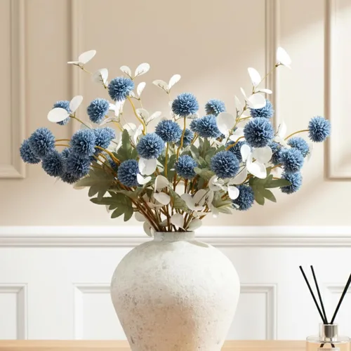 Flores azules polvorientas de imitación, tallos florales azules y blancos para centros de mesa, flores artificiales de madres falsas, flores azules
