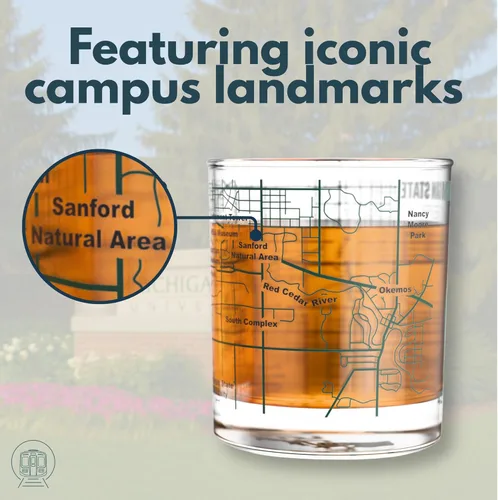 Miniatura 3 de Greenline Goods – Vasos de Whiskey de la Universidad Estatal de Michigan Spartans (Set de 2), 10 oz – Logo de Color Completo + Mapa del Campus