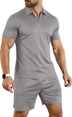 YTD Conjunto de camisa polo y pantalones cortos casuales de manga corta para hombre, conjunto de dos piezas de verano con cremallera para hombre,