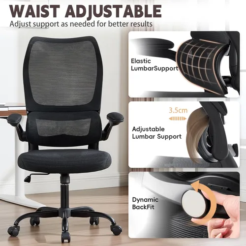 Miniatura 7 de Silla de oficina ergonómica, silla de escritorio de malla transpirable con respaldo alto para computadora con soporte lumbar ajustable y Negro
