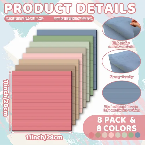 Miniatura 2 de Qeeenar 8 blocs de notas adhesivas grandes 11 x 11 pulgadas con líneas, notas adhesivas jumbo de gran tamaño para pared, memo cuadrado de gran