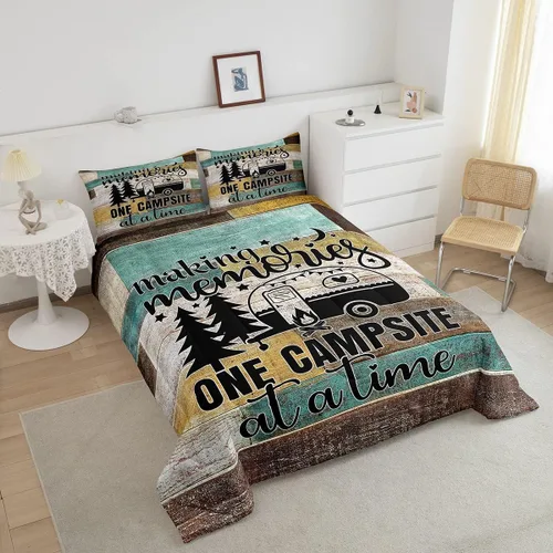 Miniatura 3 de Juego de ropa de cama con temática de cámper, juego de edredón de cabaña de madera marrón y verde, tamaño matrimonial, 3 piezas, decoración de Multi