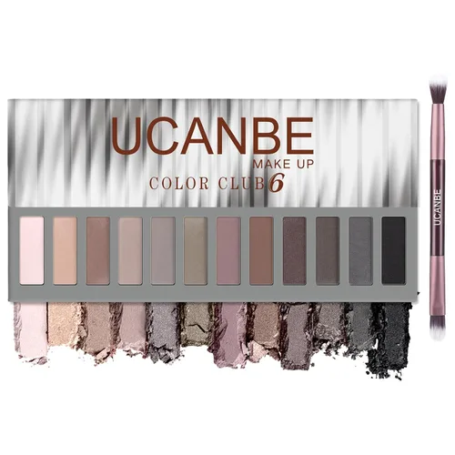 Miniatura 9 de UCANBE Paleta de maquillaje de sombra de ojos de 12 colores, sombra de ojos desnuda mate brillante neutral con kit de brochas de doble punta, 04