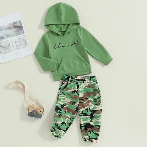 Miniatura 123 de Mandizy Conjunto de ropa de otoño para bebé niña pequeña, sudadera de manga larga con estampado de letras bendecidas, pantalones de camuflaje