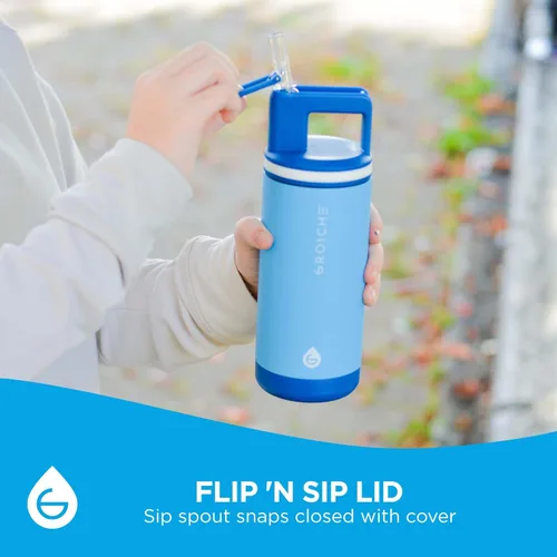 Miniatura 6 de GROSCHE Alpine Flip n' Sip - Botella de agua aislada de 16 onzas para niños, acero inoxidable, a prueba de fugas, con pajilla, perfecta para Azul