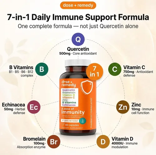 Miniatura 2 de Una dosis de quercetina de inmunidad con vitamina C y zinc, vitamina D, 500 mg de quercetina bromelina con equinácea y vitaminas B, suplemento