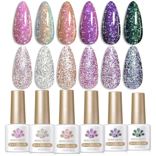 Miniatura 13 de Born Pretty Esmalte de uñas de gel con purpurina reflectante, 6 colores de primavera y verano, esmalte de gel holográfico de larga duración, juego
