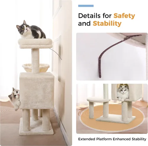 Miniatura 3 de Árbol pequeño para gatos beige torre para gatos con poste rascador de 32 pulgadas con casa condominio para gatos, hamaca acogedora y cama superior