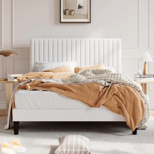 Miniatura 18 de SHA CERLIN - Base de cama tamaño Queen tapizada con plataforma y cabecera acolchada de terciopelo con canales verticales ajustables, soporte