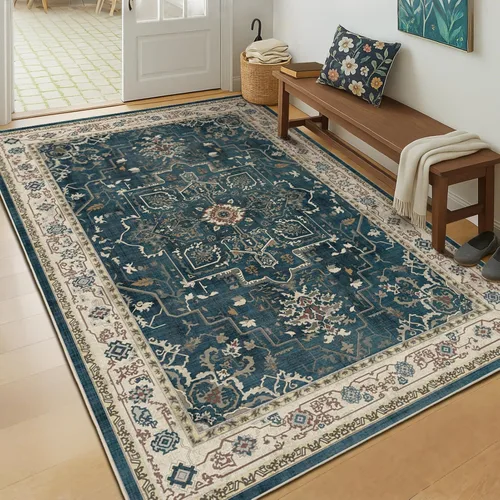 Miniatura 14 de Alfombra de pasillo profundo azul 2x8, alfombra de pasillo lavable antideslizante para entrada interior, alfombra de medallón vintage de 0.27