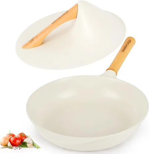 Sartén antiadherente con tapa, sartén de 10 pulgadas de profundidad, sartén de cerámica sin toxinas, estilo Wabi-Sabi saludable y no tóxica con