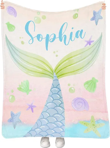 Miniatura 23 de Manta personalizada de sirena para niñas, manta de envoltura personalizada con nombre, manta de forro polar suave para niños recién nacidos, manta