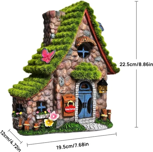 Miniatura 4 de Estatuas de casa de hadas de resina ASAWASA con luces solares, esculturas de jardín divertidas con decoración flocada y adoquinada, exquisitas