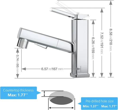 Miniatura 4 de HANLIAN Grifo extraíble de baño de un solo orificio con boquilla giratoria, grifo de una manija para lavabo de baño, grifo de baño moderno con Cromo