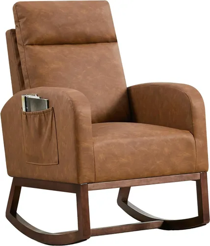 Miniatura 10 de IDEALHOUSE Mecedora para guardería, mecedora tapizada con respaldo alto y bolsillo lateral, cómoda silla de lactancia para lactancia, sillón