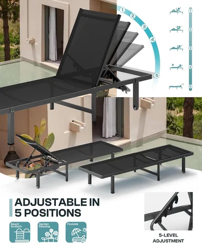 Miniatura 4 de Sillas de Descanso para Piscina, Tumbona al Aire Libre con Ruedas y Reclinable de 5 Posiciones -Fácil de Mover- Silla de Descanso de Aluminio